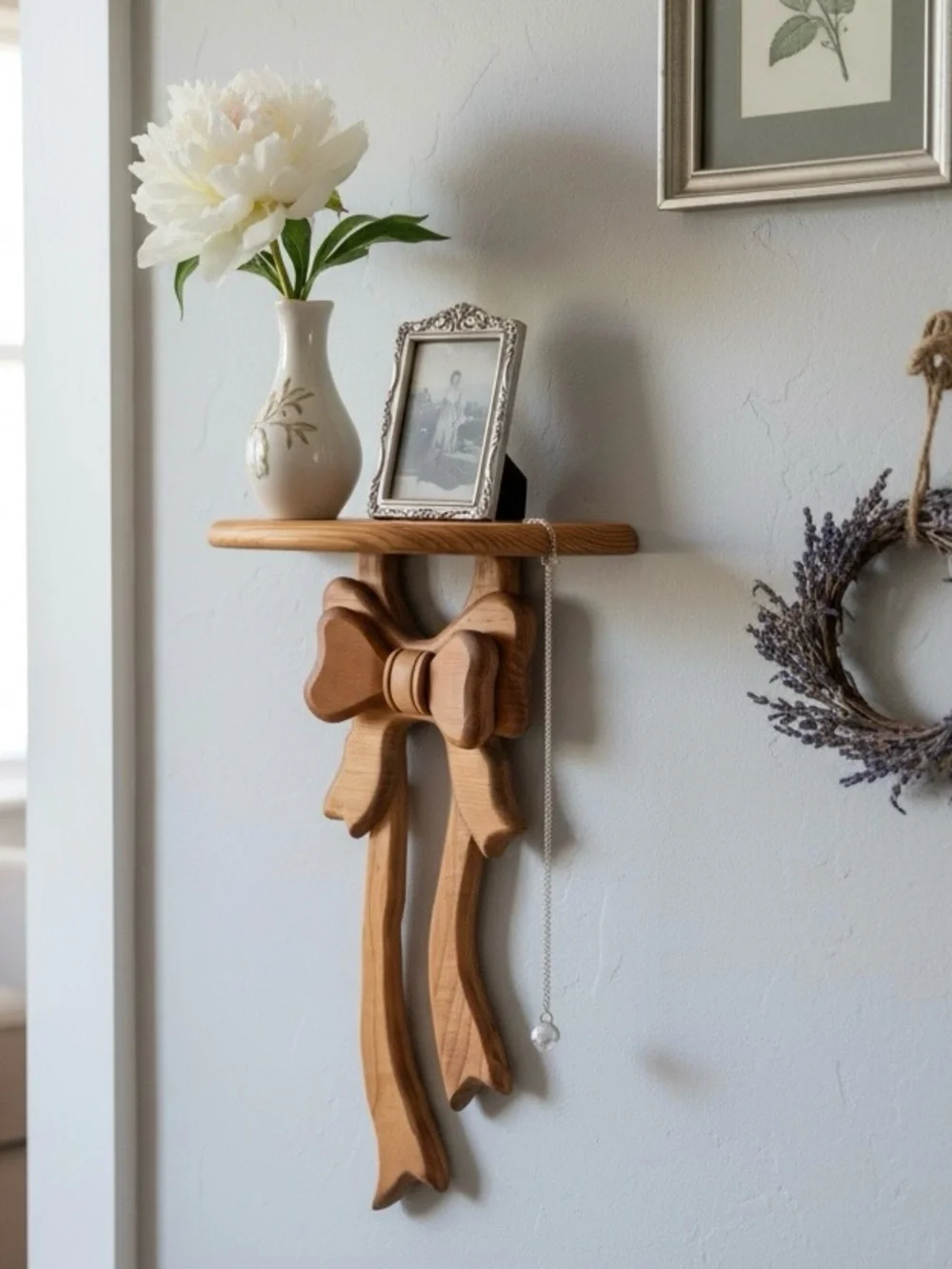 Vtg Hand Crafted Wooden Bow Wall Shelf Country Farmhouse Cottage Wood